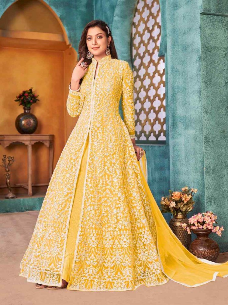 Yellow Net Embroidered Party Engagement Anarkali Salwar Kameez