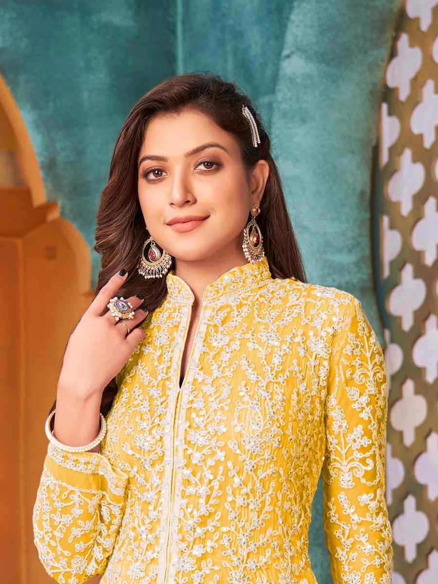 Yellow Net Embroidered Party Engagement Anarkali Salwar Kameez