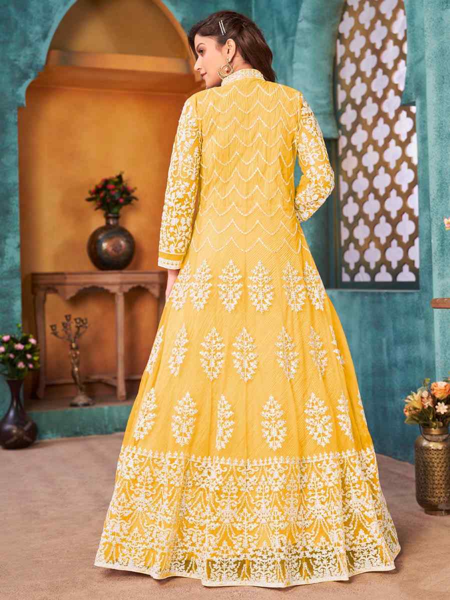 Yellow Net Embroidered Party Engagement Anarkali Salwar Kameez