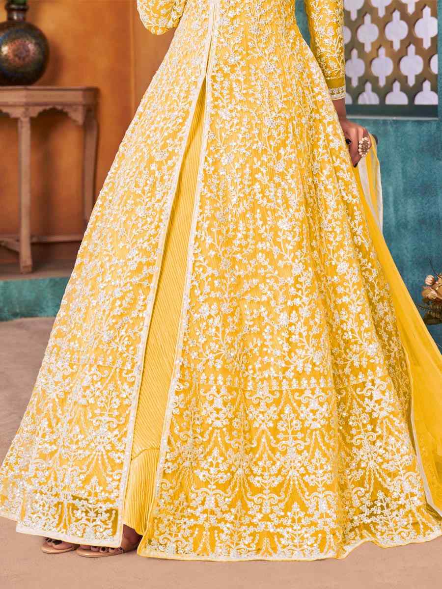 Yellow Net Embroidered Party Engagement Anarkali Salwar Kameez