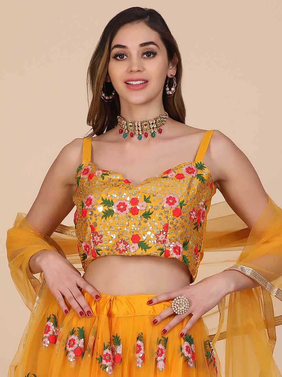 Yellow Net Embroidered Wedding Festival Heavy Border Lehenga Choli