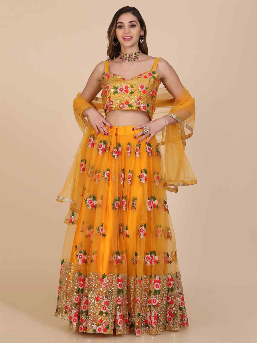 Yellow Net Embroidered Wedding Festival Heavy Border Lehenga Choli