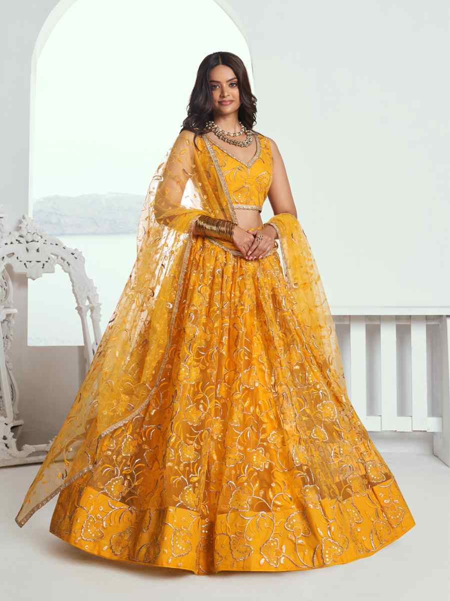 Yellow Net Embroidered Wedding Reception Festival Heavy Border Lehenga Choli