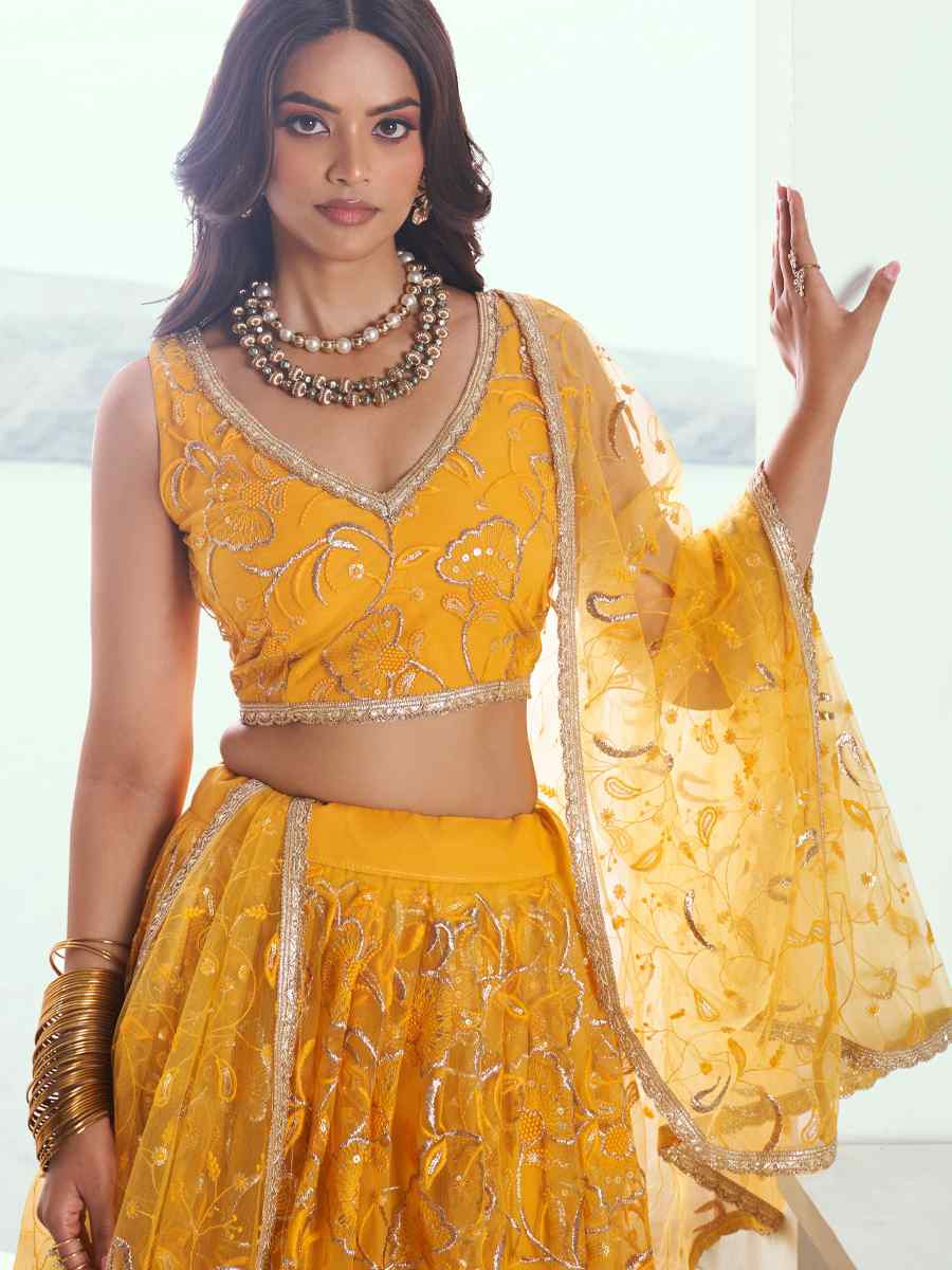 Yellow Net Embroidered Wedding Reception Festival Heavy Border Lehenga Choli