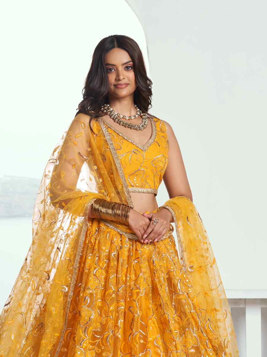 Yellow Net Embroidered Wedding Reception Festival Heavy Border Lehenga Choli