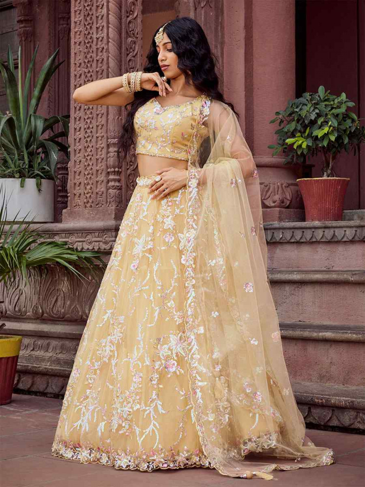 Image of Yellow Net Embroidered Wedding Reception Festival Heavy Border Lehenga Choli