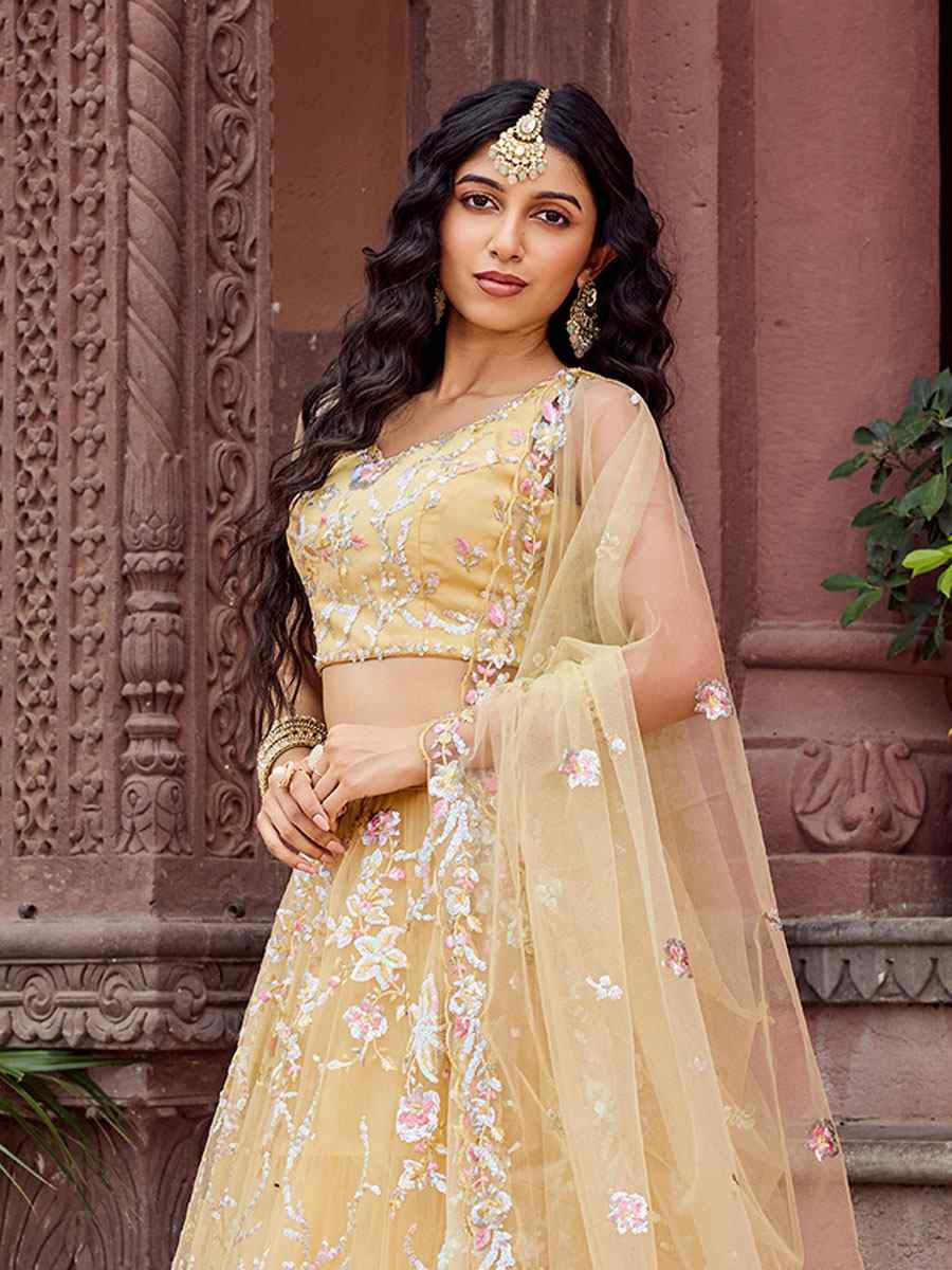 Yellow Net Embroidered Wedding Reception Festival Heavy Border Lehenga Choli