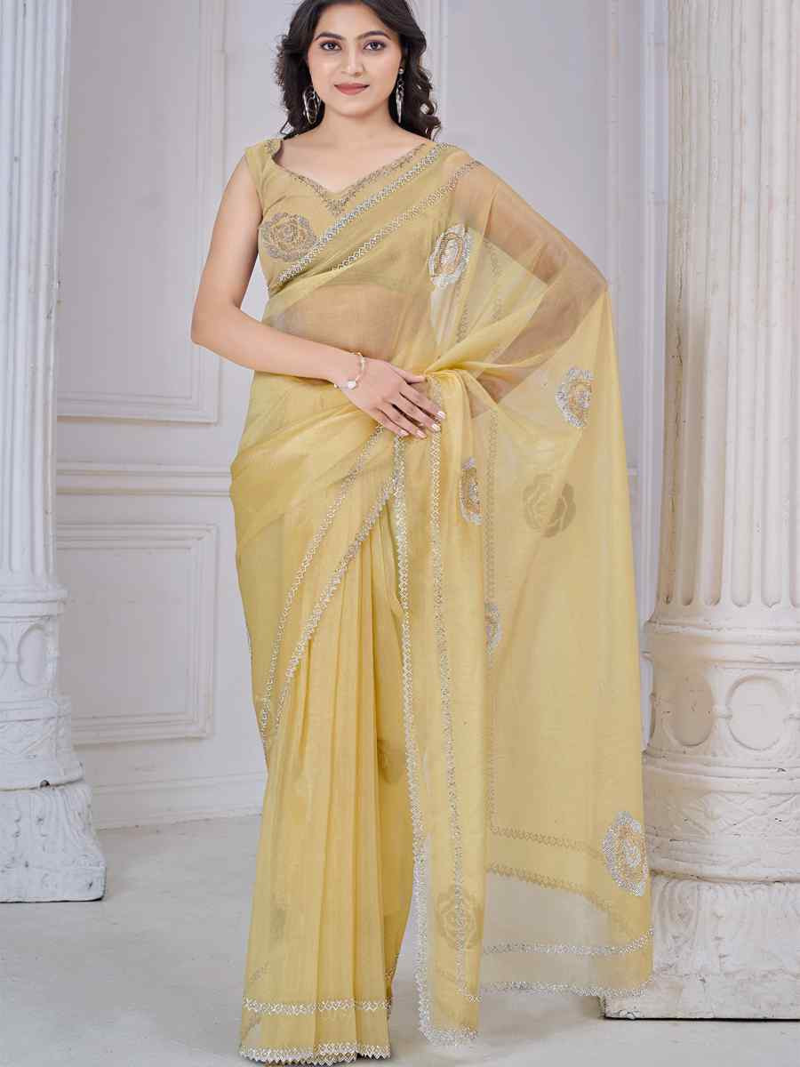 Yellow Organza Embroidered Festival Wedding Fancy Casual Contemporary Saree
