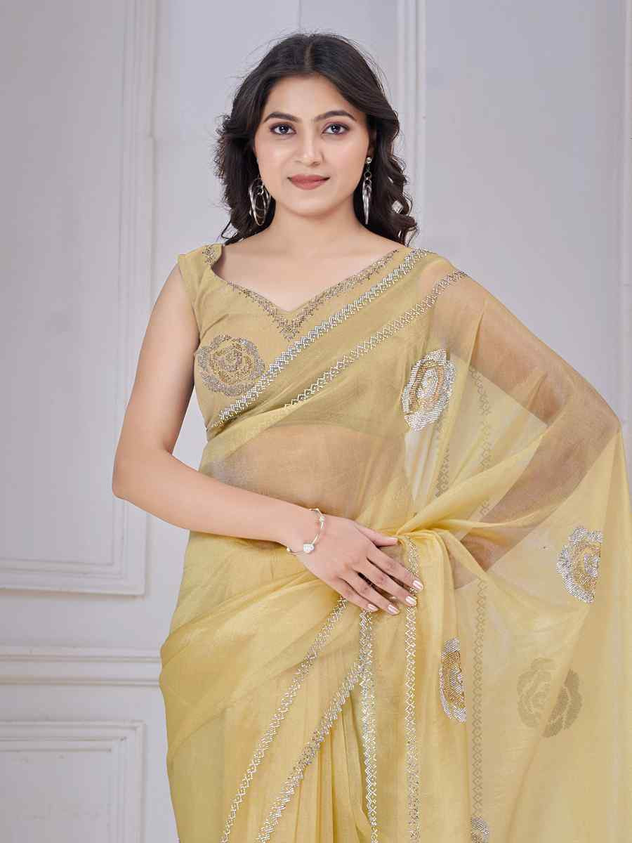 Yellow Organza Embroidered Festival Wedding Fancy Casual Contemporary Saree