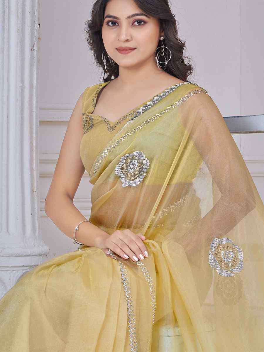 Yellow Organza Embroidered Festival Wedding Fancy Casual Contemporary Saree