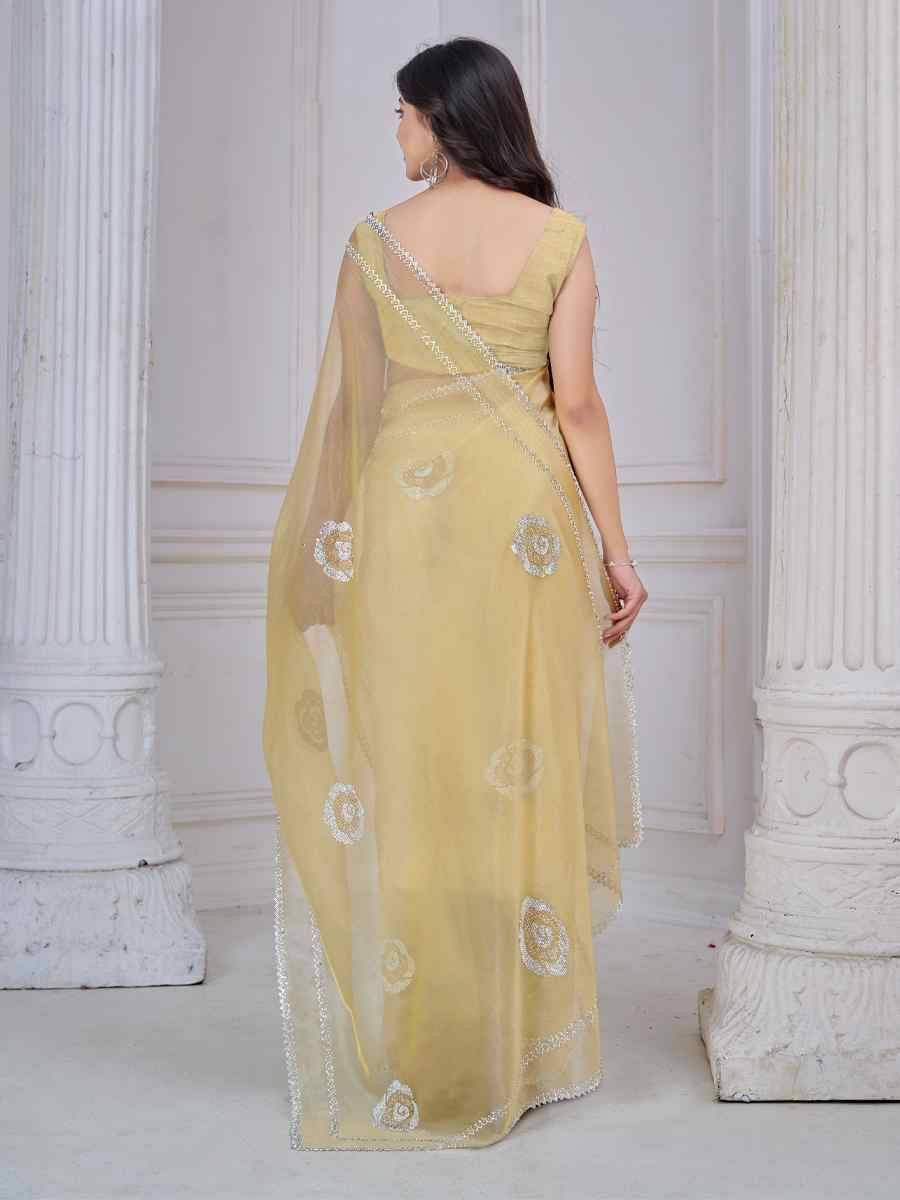 Yellow Organza Embroidered Festival Wedding Fancy Casual Contemporary Saree
