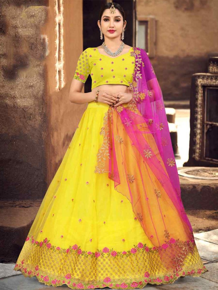 Yellow Organza Embroidered Festival Wedding Heavy Border Lehenga Choli