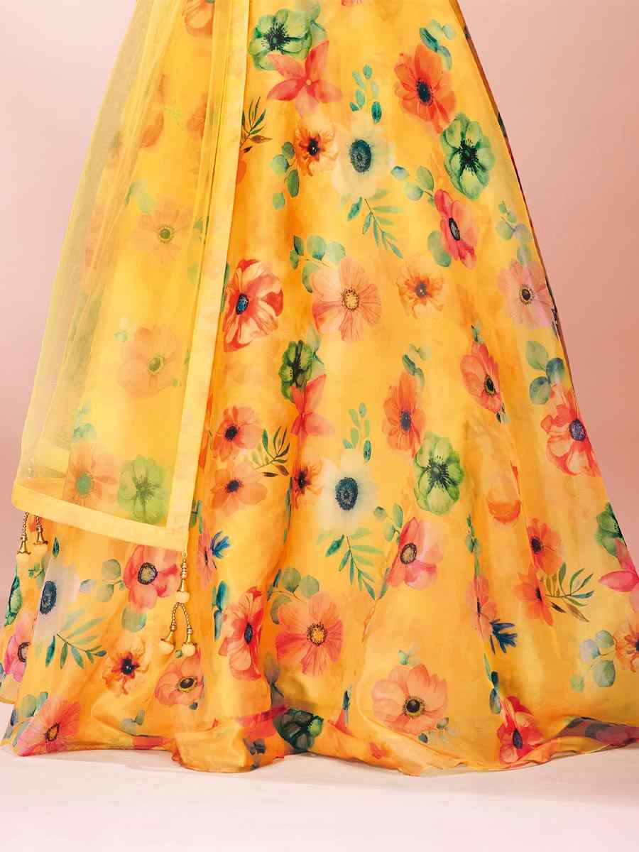 Yellow Organza Embroidered Printed Sequins Wedding Traditional Lehenga Choli
