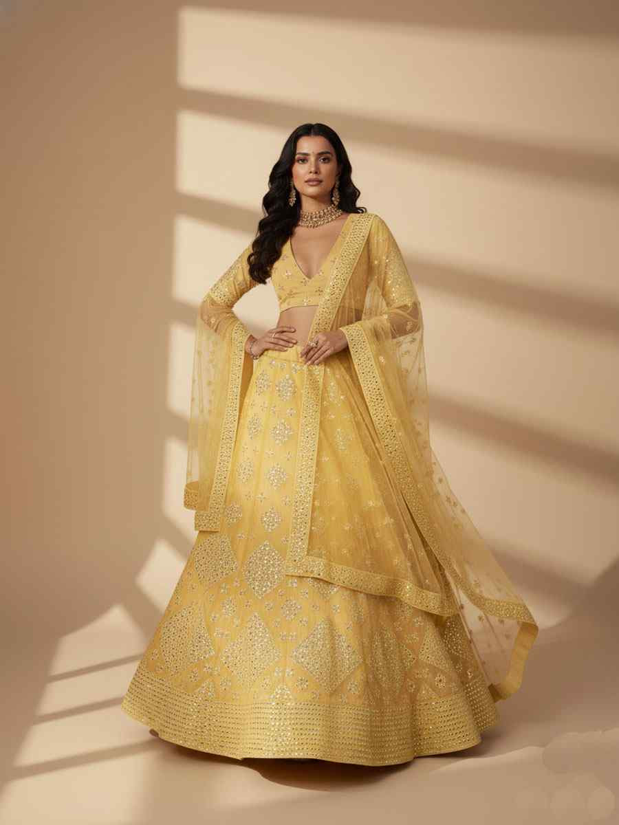 Yellow Organza Embroidered Wedding Reception Festival Heavy Border Lehenga Choli