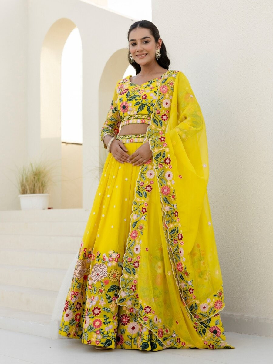 Yellow Organza Embroidery Sequins Floral Print Wedding Party Festival Reception Haldi Heavy Border Lehenga Choli