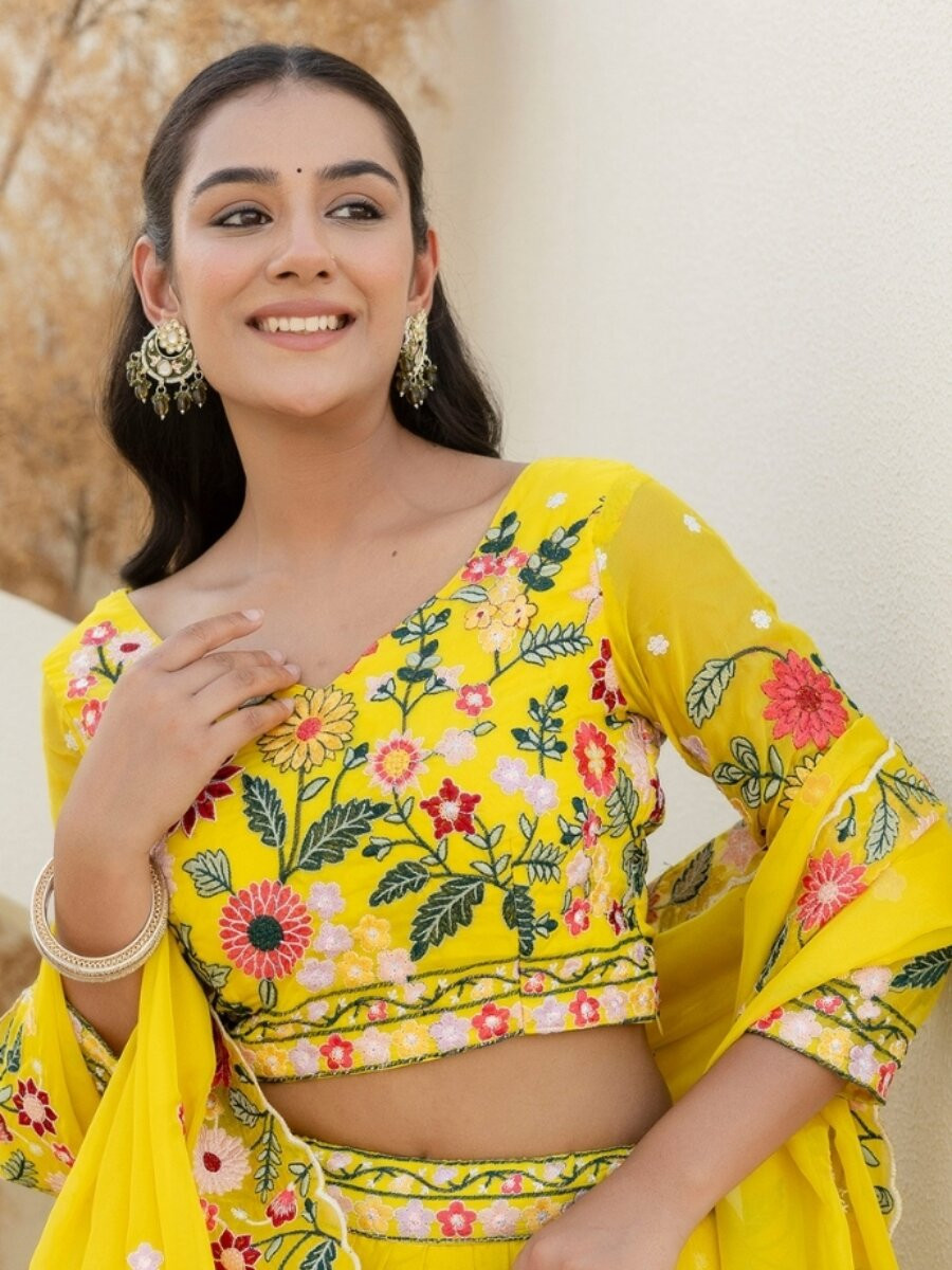 Yellow Organza Embroidery Sequins Floral Print Wedding Party Festival Reception Haldi Heavy Border Lehenga Choli