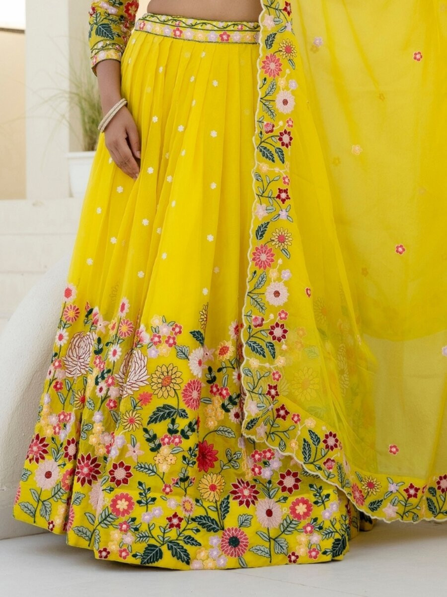 Yellow Organza Embroidery Sequins Floral Print Wedding Party Festival Reception Haldi Heavy Border Lehenga Choli