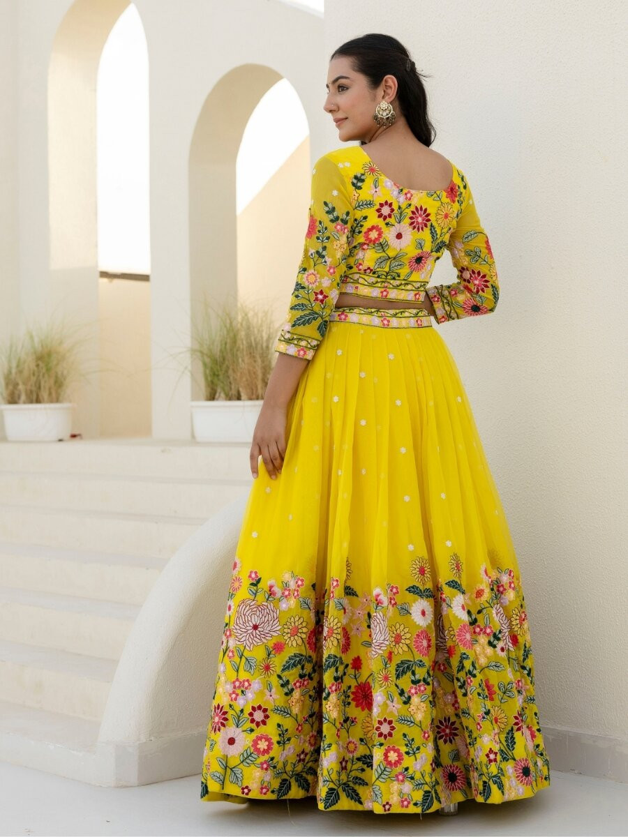 Yellow Organza Embroidery Sequins Floral Print Wedding Party Festival Reception Haldi Heavy Border Lehenga Choli