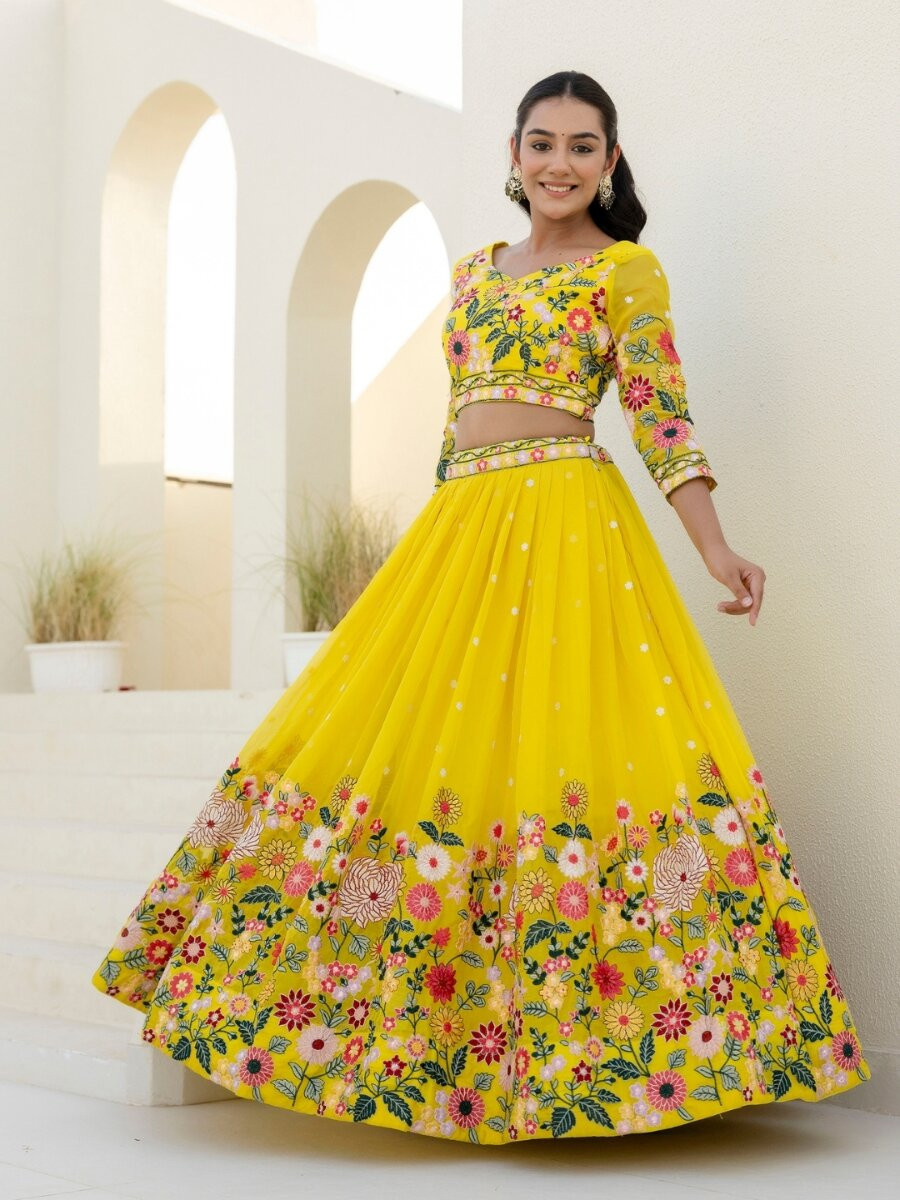 Yellow Organza Embroidery Sequins Floral Print Wedding Party Festival Reception Haldi Heavy Border Lehenga Choli