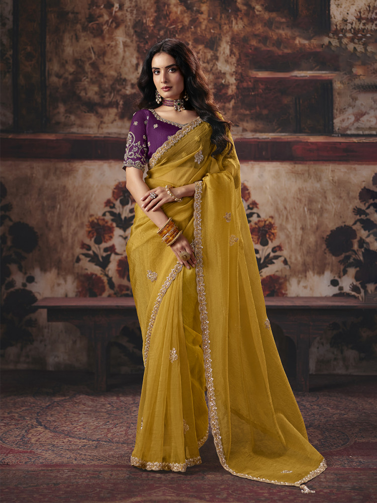 Image of Yellow Organza Embroidery Sequins Zari Wedding Reception Party Festival Casual Heavy Border Sarees