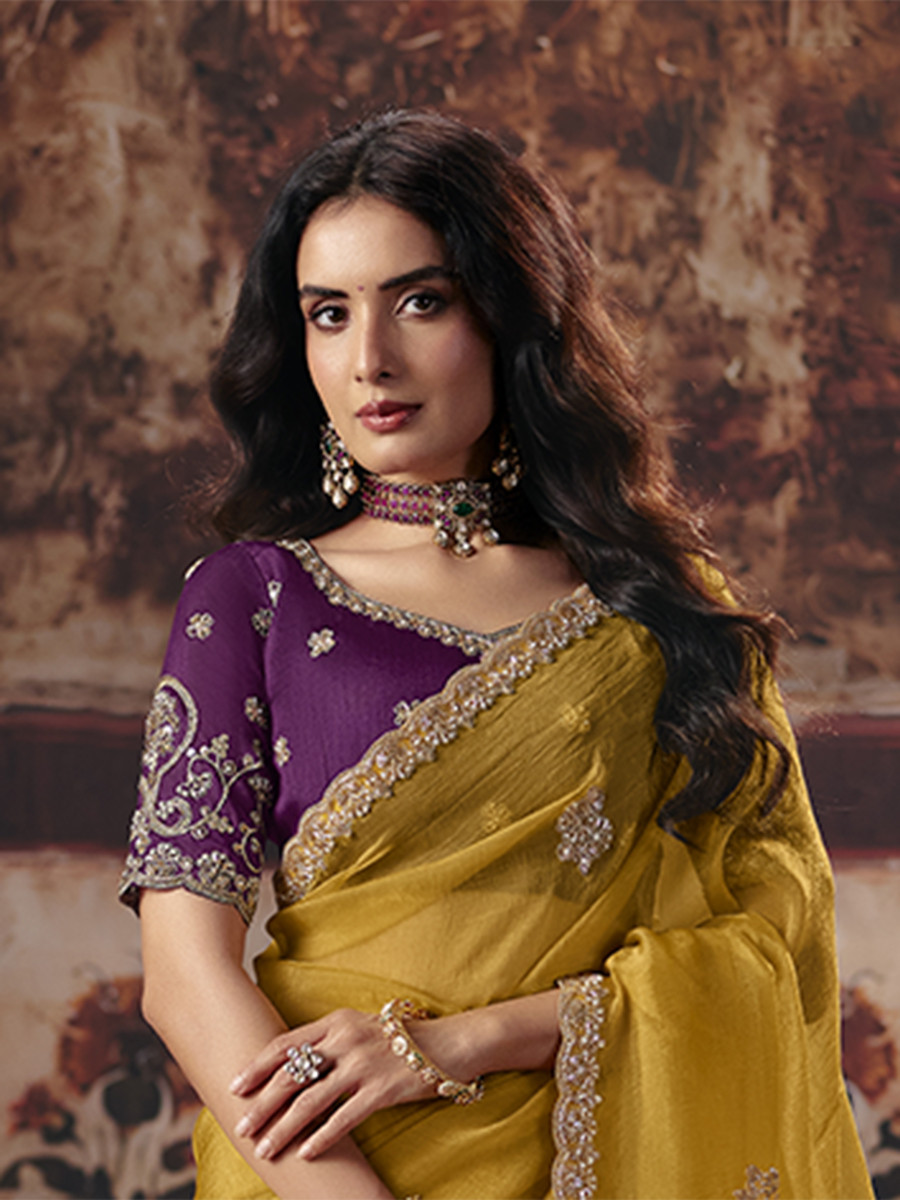 Yellow Organza Embroidery Sequins Zari Wedding Reception Party Festival Casual Heavy Border Sarees