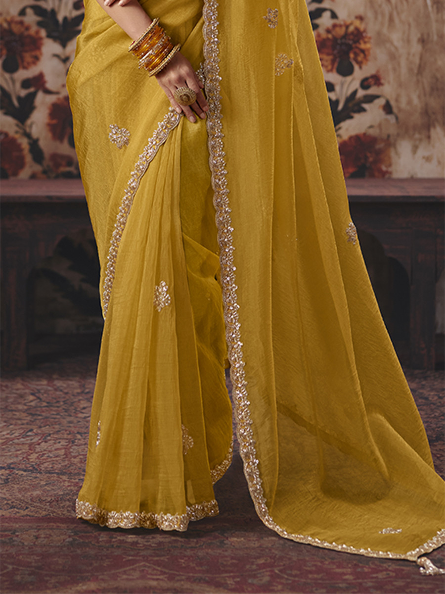 Yellow Organza Embroidery Sequins Zari Wedding Reception Party Festival Casual Heavy Border Sarees