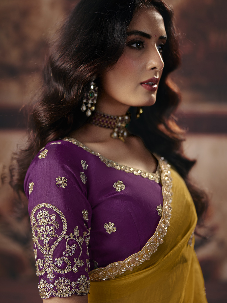 Yellow Organza Embroidery Sequins Zari Wedding Reception Party Festival Casual Heavy Border Sarees