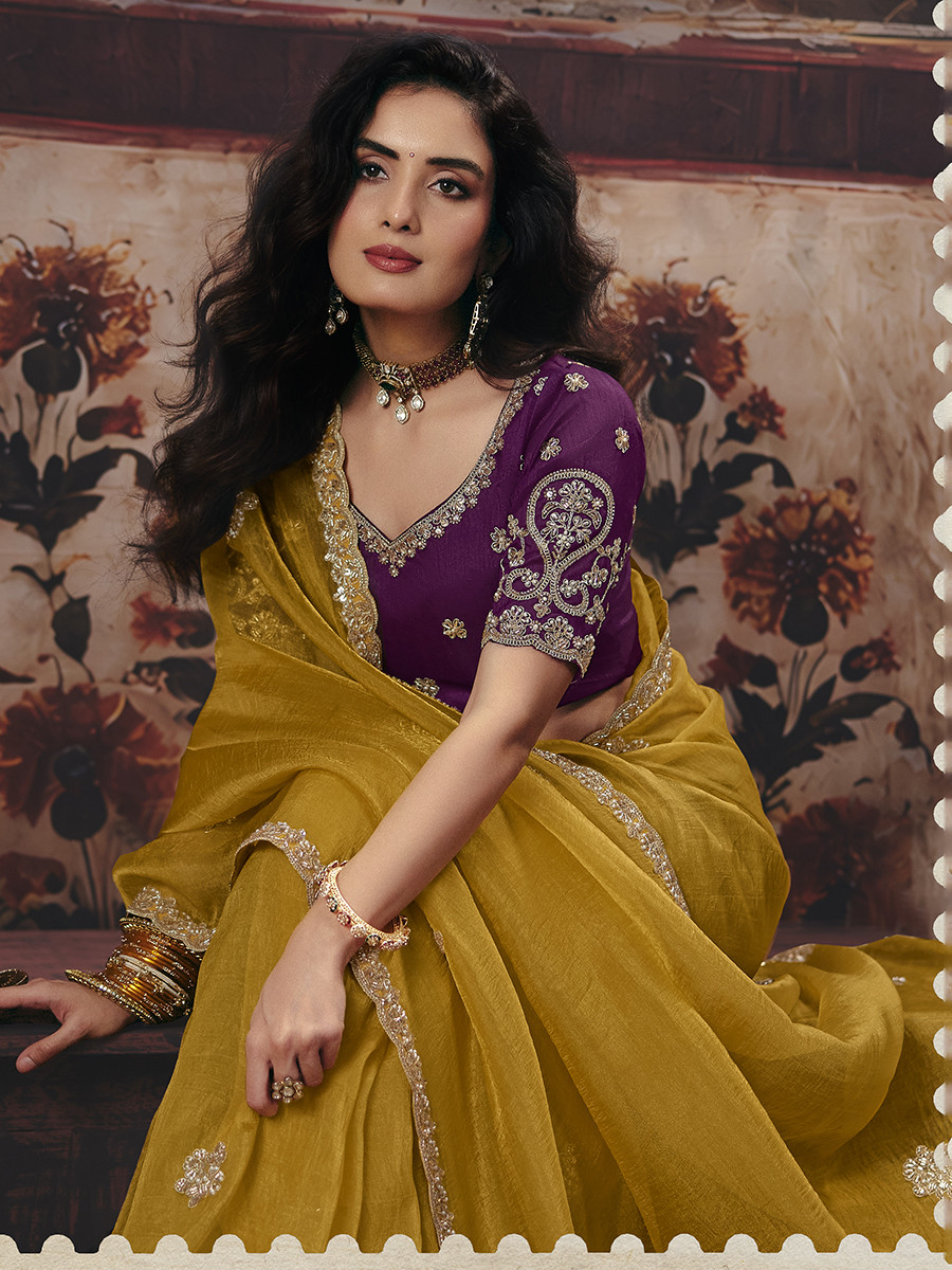 Yellow Organza Embroidery Sequins Zari Wedding Reception Party Festival Casual Heavy Border Sarees