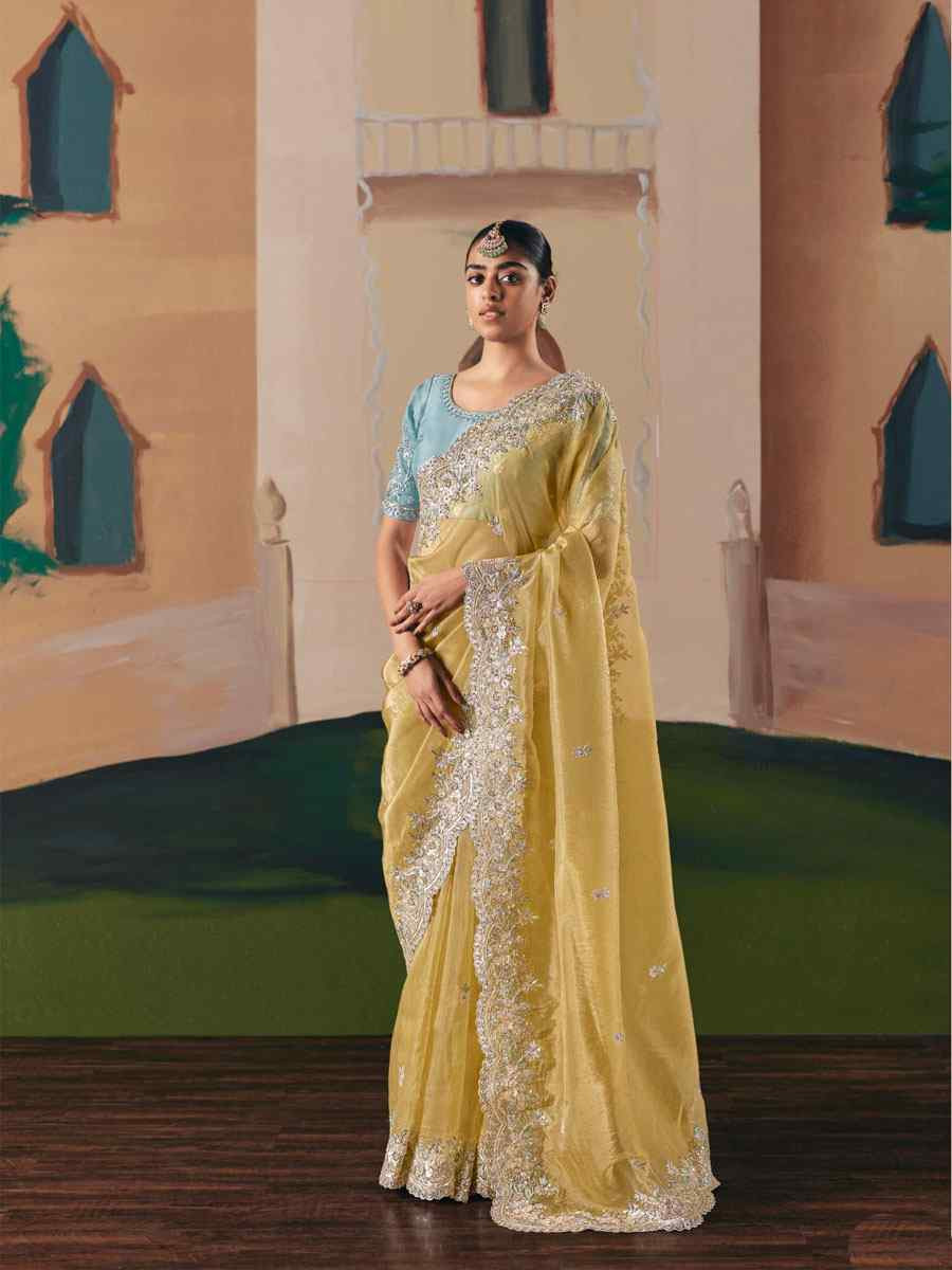 Yellow Organza Embroidery Zari Bridal Reception Festival Wedding Fancy Heavy Border Saree