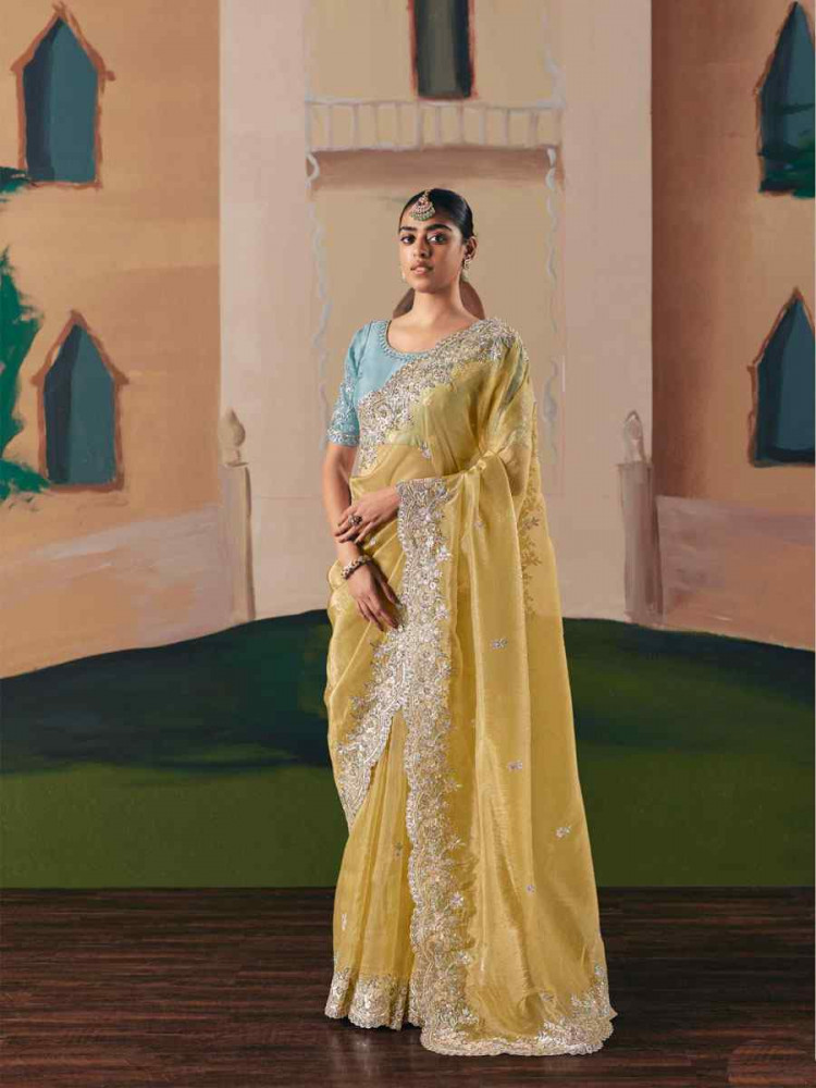 Image of Yellow Organza Embroidery Zari Bridal Reception Festival Wedding Fancy Heavy Border Saree