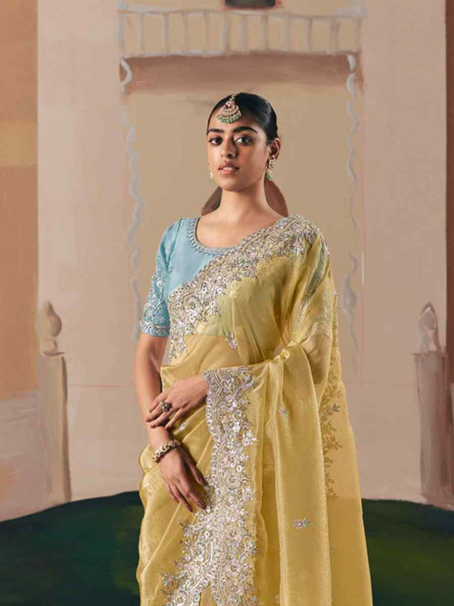 Yellow Organza Embroidery Zari Bridal Reception Festival Wedding Fancy Heavy Border Saree