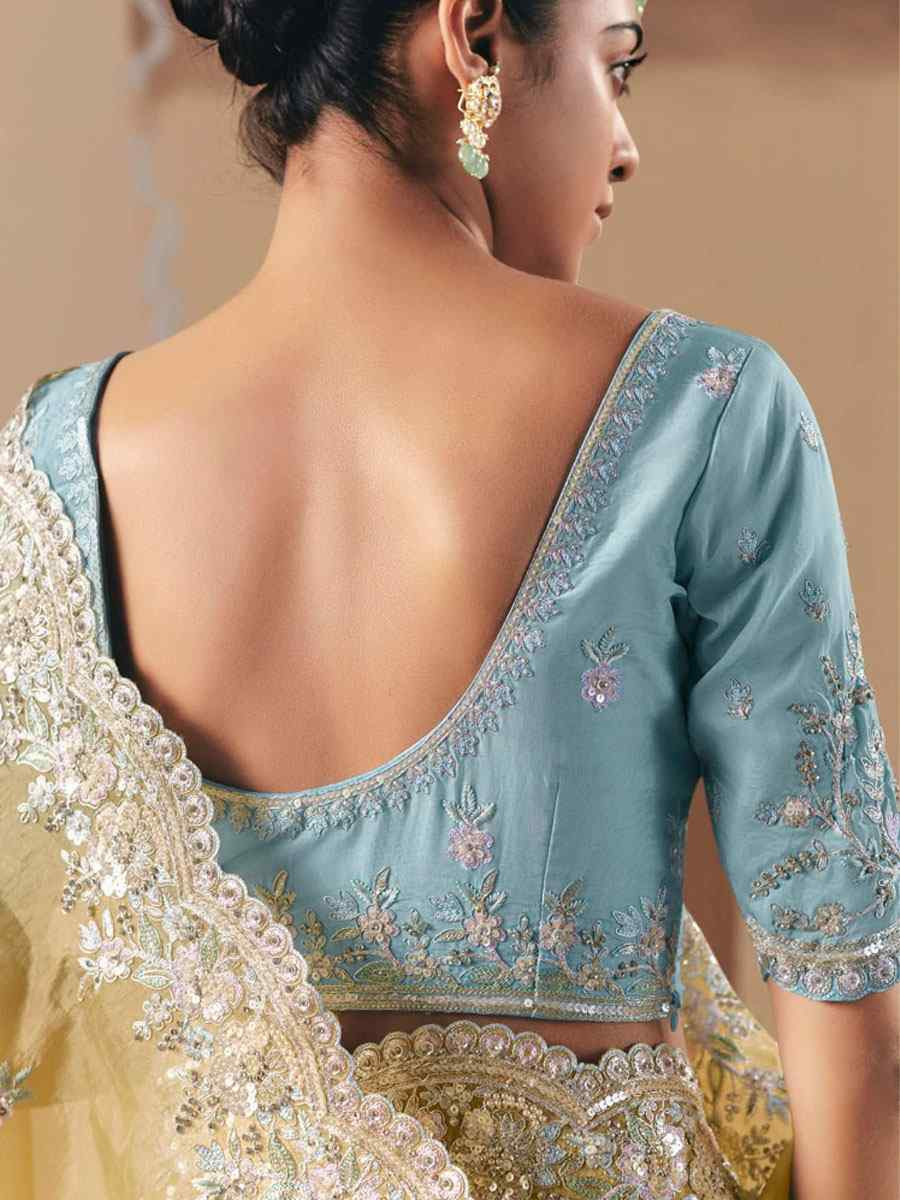 Yellow Organza Embroidery Zari Bridal Reception Festival Wedding Fancy Heavy Border Saree