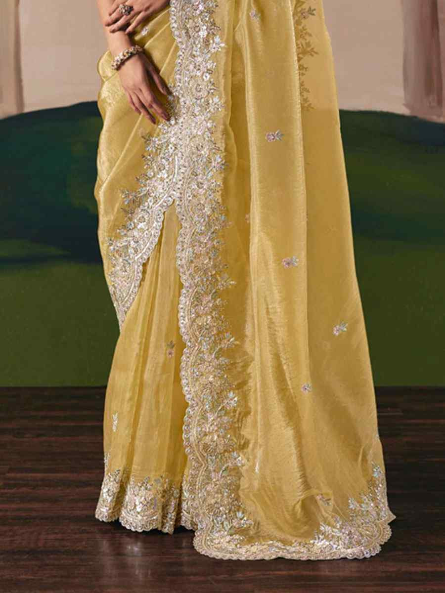 Yellow Organza Embroidery Zari Bridal Reception Festival Wedding Fancy Heavy Border Saree