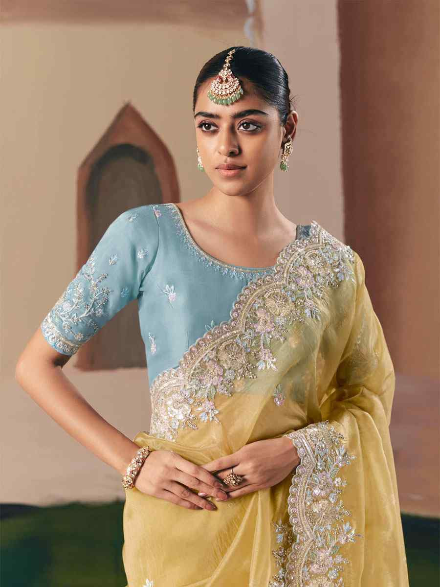 Yellow Organza Embroidery Zari Bridal Reception Festival Wedding Fancy Heavy Border Saree