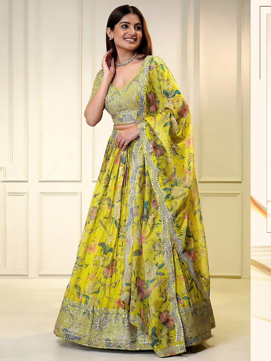 Yellow Organza Embroidery Zari Sequins Floral Print Wedding Reception Party Festival Heavy Border Lehenga Choli
