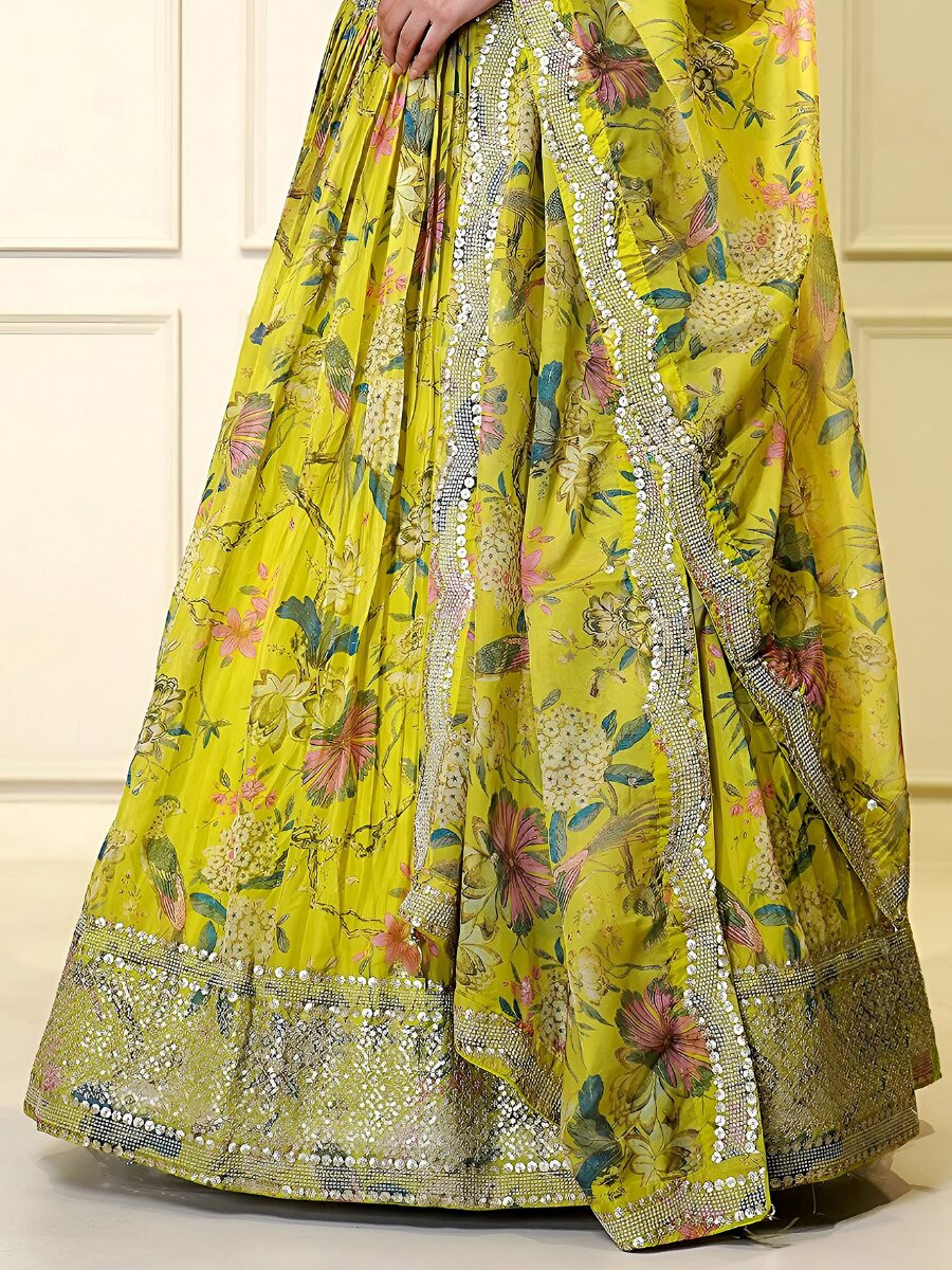 Yellow Organza Embroidery Zari Sequins Floral Print Wedding Reception Party Festival Heavy Border Lehenga Choli