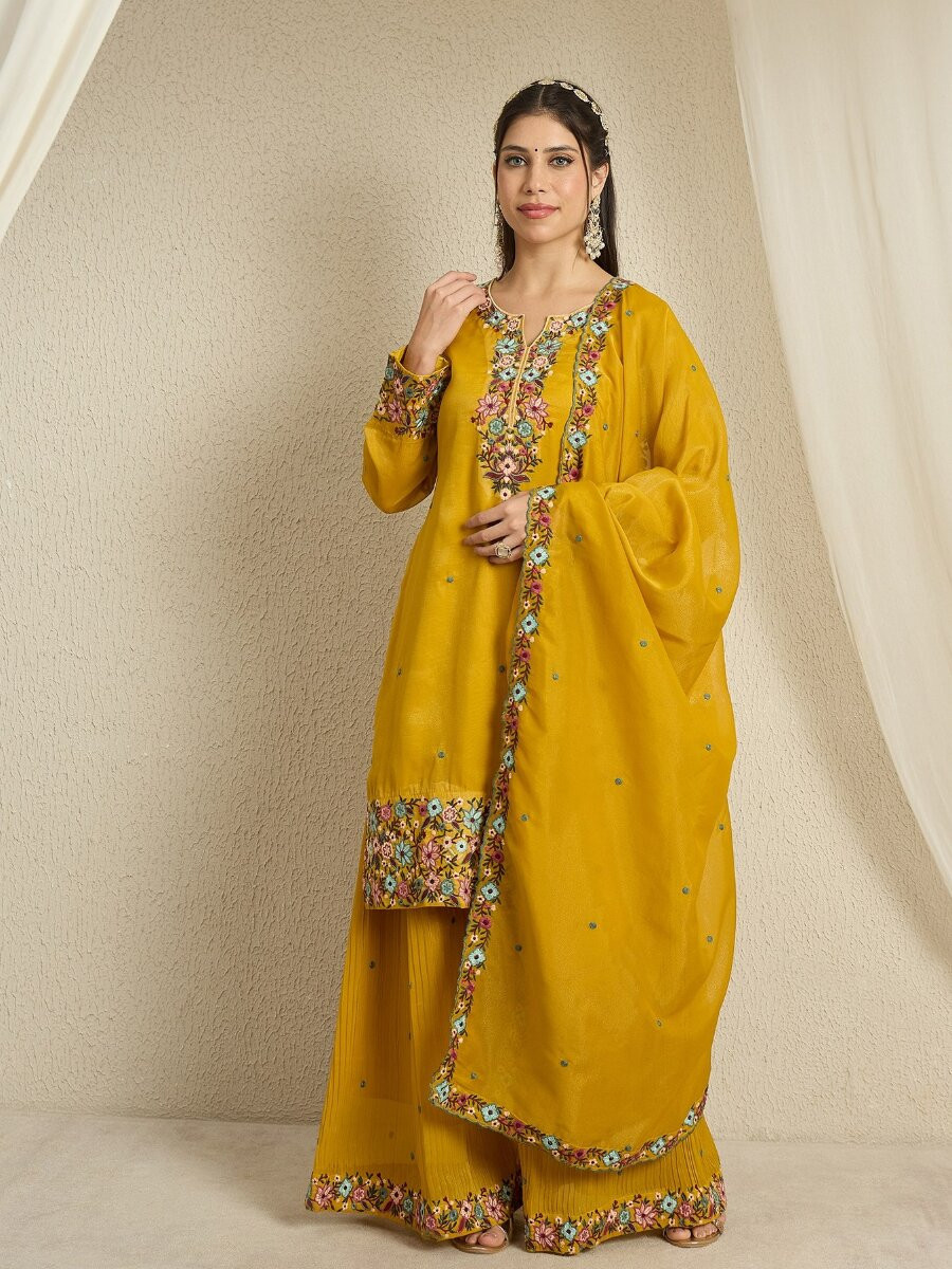 Yellow Organza Embroidery Zari Wedding Party Festival Casual Ready Palazzo Pant Salwar Kameez