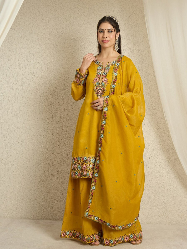 Image of Yellow Organza Embroidery Zari Wedding Party Festival Casual Ready Palazzo Pant Salwar Kameez