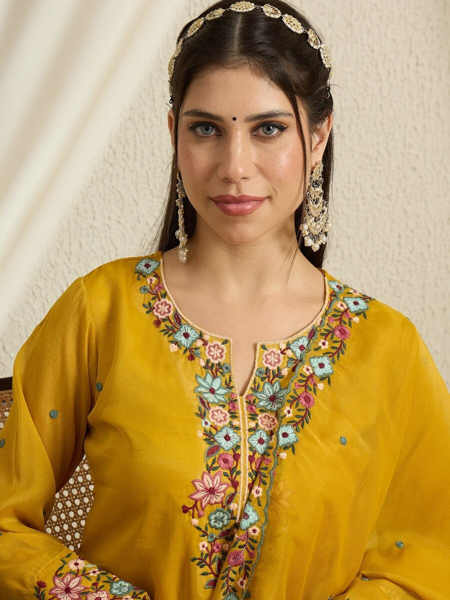 Yellow Organza Embroidery Zari Wedding Party Festival Casual Ready Palazzo Pant Salwar Kameez