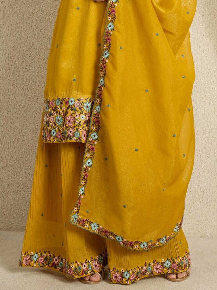Yellow Organza Embroidery Zari Wedding Party Festival Casual Ready Palazzo Pant Salwar Kameez