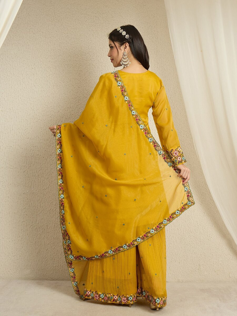 Yellow Organza Embroidery Zari Wedding Party Festival Casual Ready Palazzo Pant Salwar Kameez