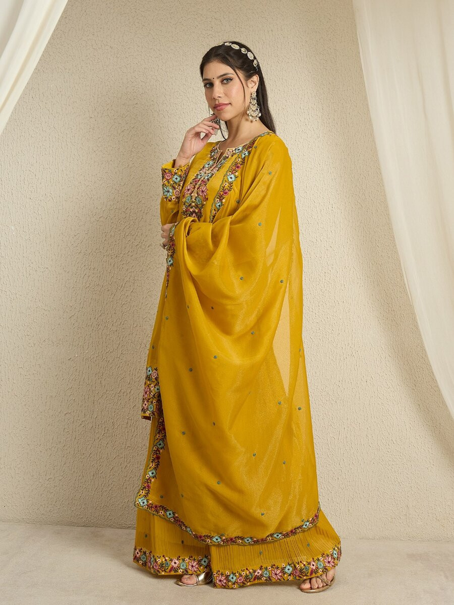 Yellow Organza Embroidery Zari Wedding Party Festival Casual Ready Palazzo Pant Salwar Kameez