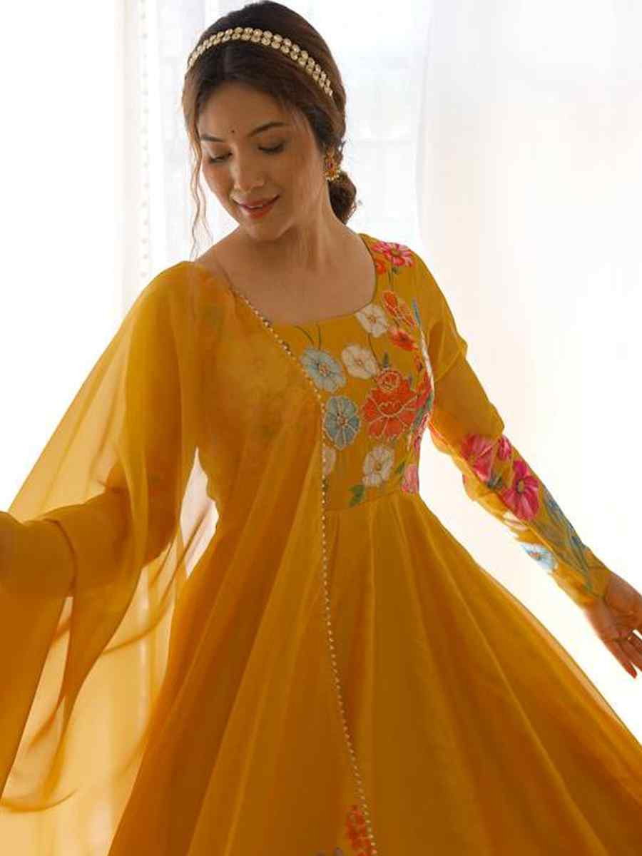 Yellow Organza Floral Printed Embroidery Party Wedding Festival Casual Ready Anarkali Salwar Kameez