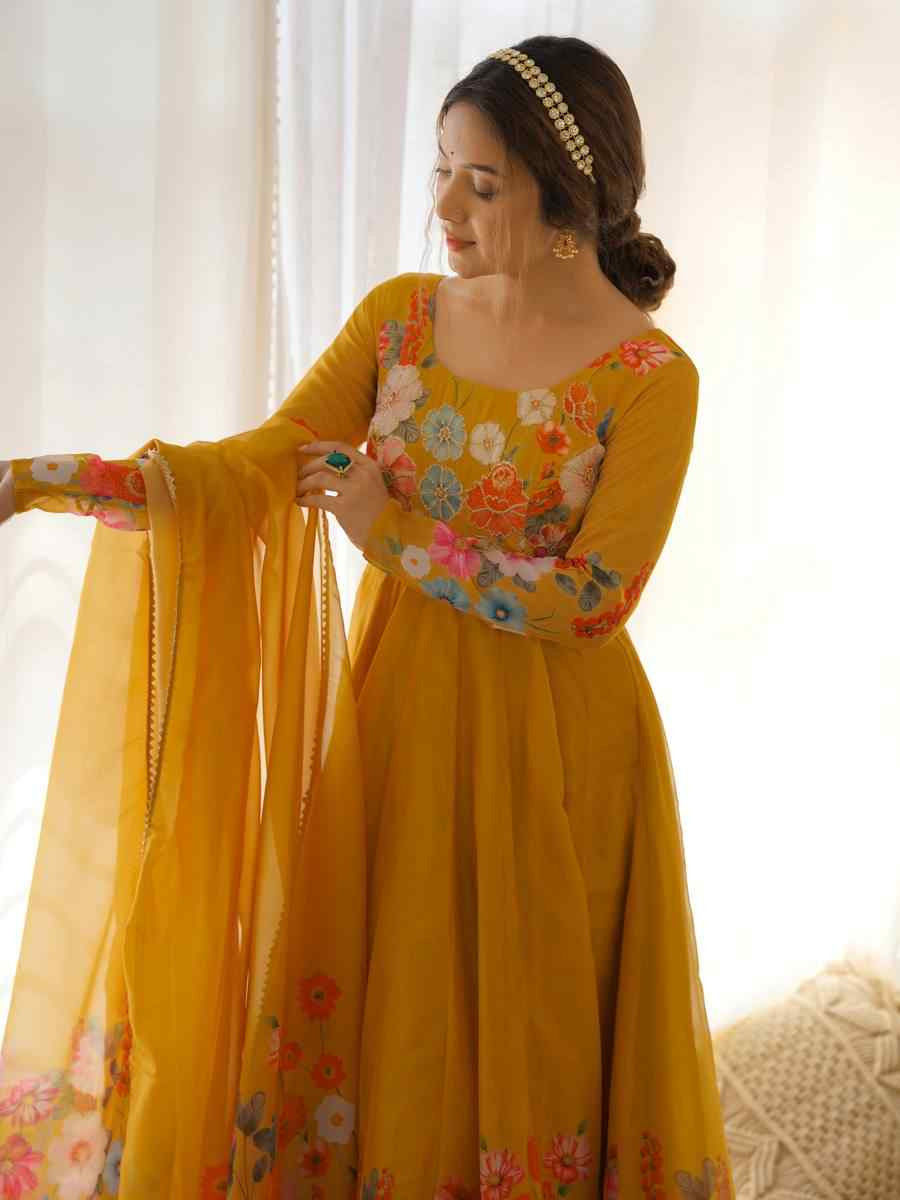 Yellow Organza Floral Printed Embroidery Party Wedding Festival Casual Ready Anarkali Salwar Kameez