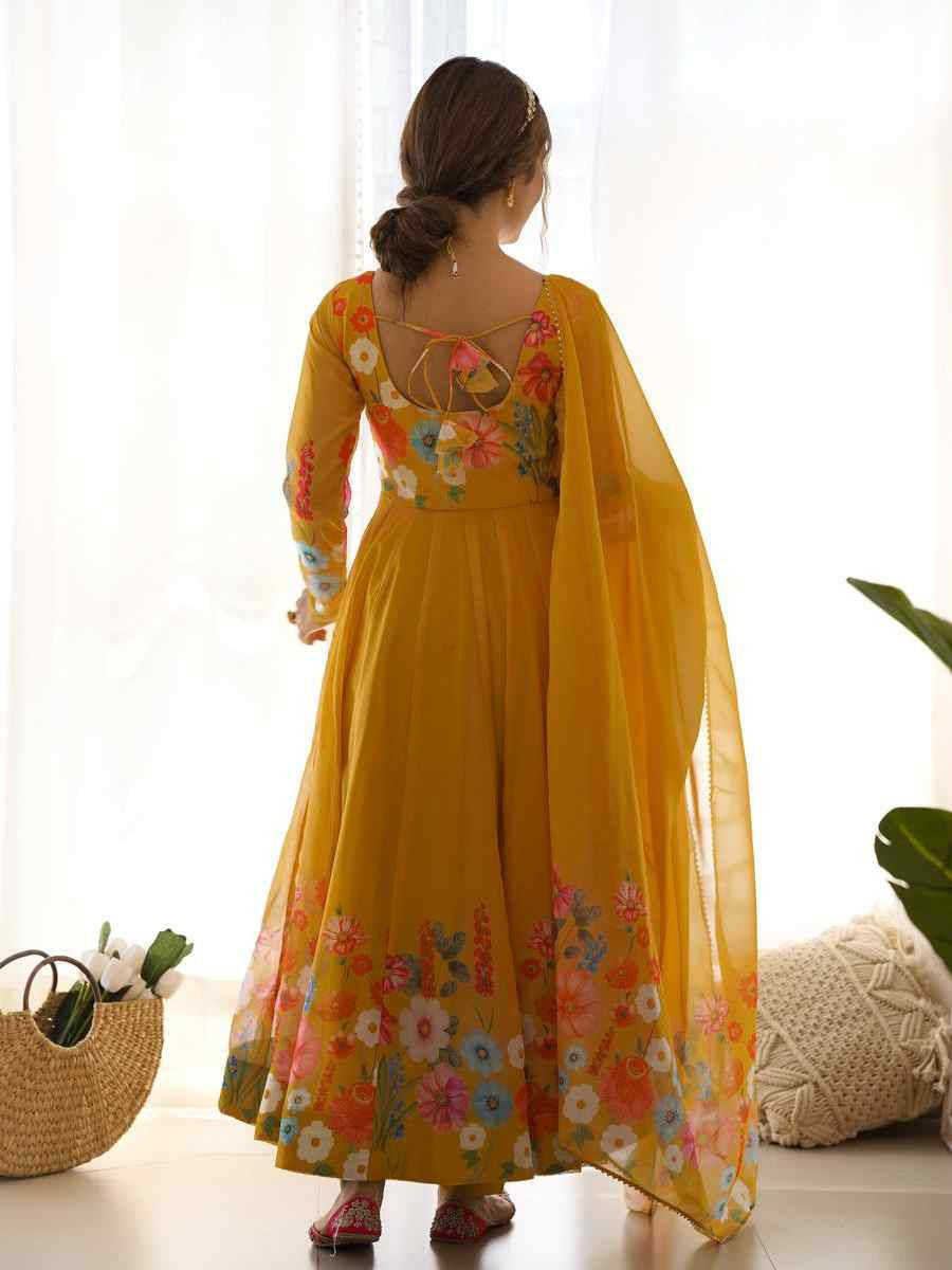 Yellow Organza Floral Printed Embroidery Party Wedding Festival Casual Ready Anarkali Salwar Kameez