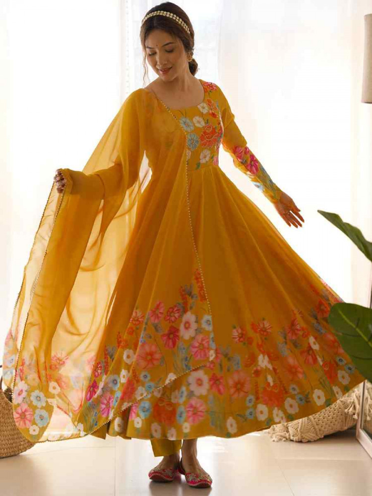 Image of Yellow Organza Floral Printed Embroidery Party Wedding Festival Casual Ready Anarkali Salwar Kameez