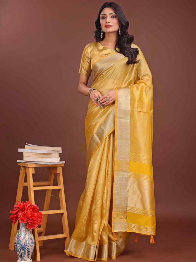 Yellow Organza Handwoven Festival Wedding Fancy Heavy Border Saree