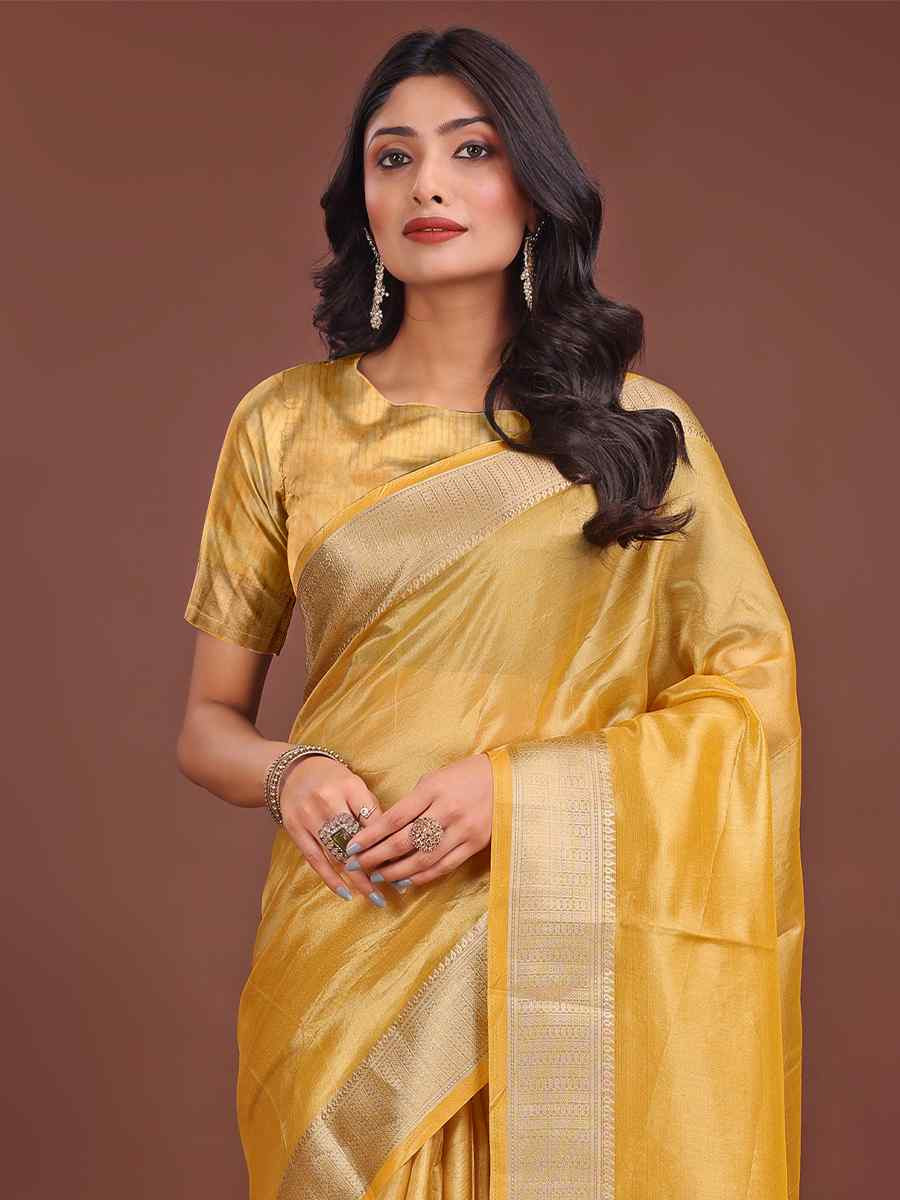 Yellow Organza Handwoven Festival Wedding Fancy Heavy Border Saree