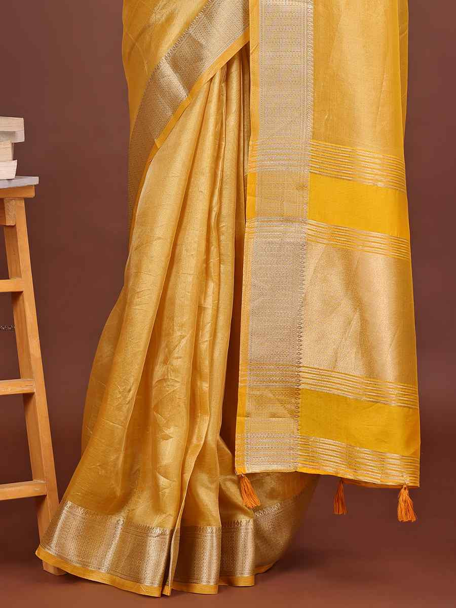 Yellow Organza Handwoven Festival Wedding Fancy Heavy Border Saree