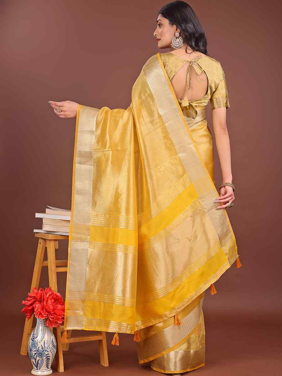 Yellow Organza Handwoven Festival Wedding Fancy Heavy Border Saree